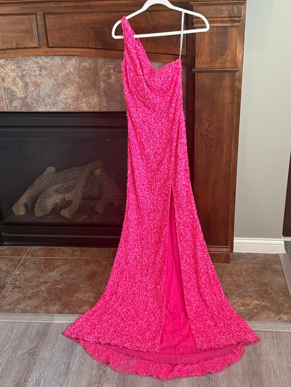 Sherri Hill hot pink neon Barbie pink sequin evening gown one strap dress 2 FLAW